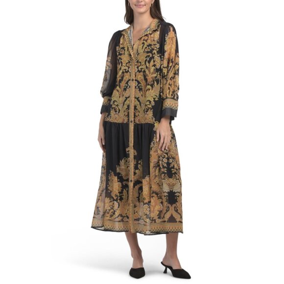 NANCY YANG Black Button Down Front Paisley Print Maxi Dress - Picture 1 of 2